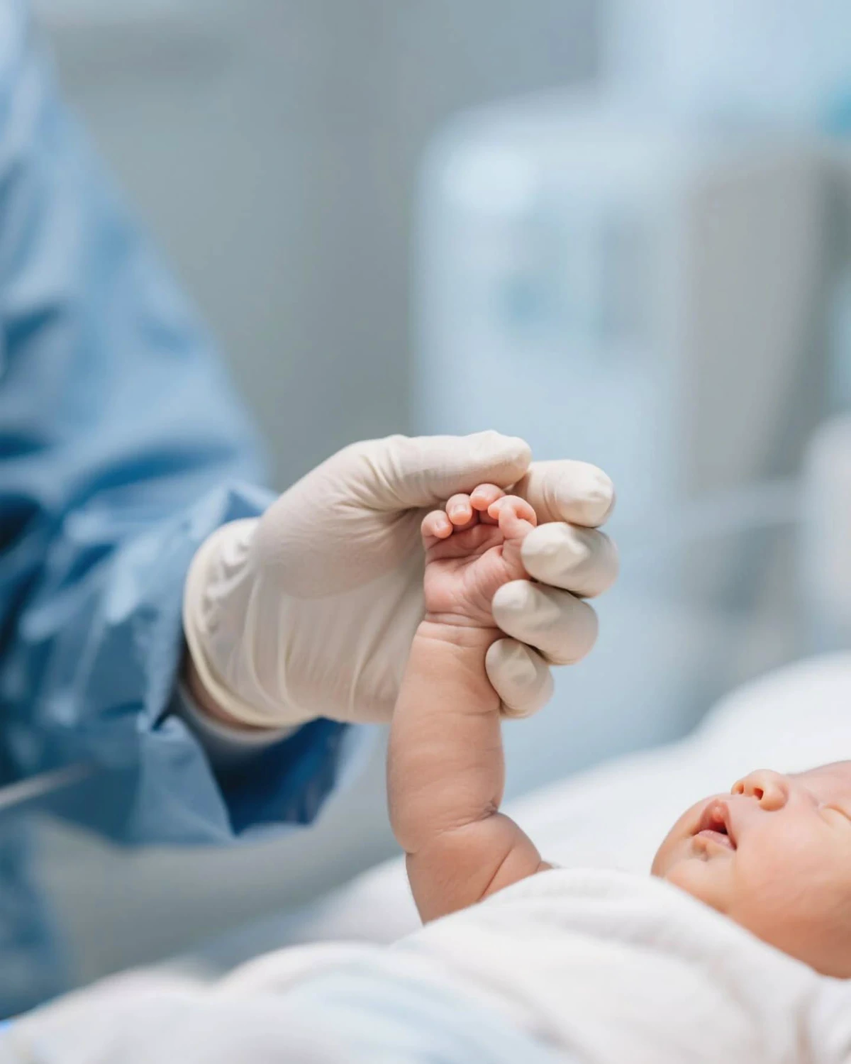 A newborn's hand held by a caregiver